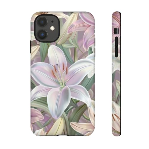 Coque rigide brillante iPhone 11 rose motif floral lys de Pâques pastel antichoc