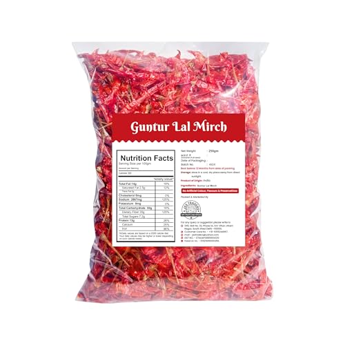 Image of Avlokan Guntur Red Chilli Whole with Stem - 100% Natural, Hot & Spicy Dried Red Chilli | Guntur Sabut Lal Mirch Guntur Withstem Red Chilli, 250 grams