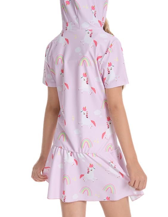 Image of Girls Sun Protective Swim Cover Up Hooded with Full-Length Zipper Short Sleeve UPF 50+ Beach Dress Coverup