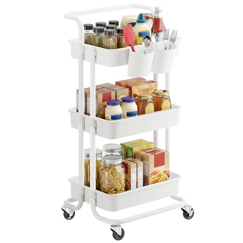 SONGMICS Rollwagen, 3 Ebenen, Servierwagen, Küchenwagen mit Griff, 2 kleine Einhängefächer, 2 Bremsen, Ablagefächer aus Kunststoff, einfacher Aufbau, Schlafzimmer, weiß BSC067W01