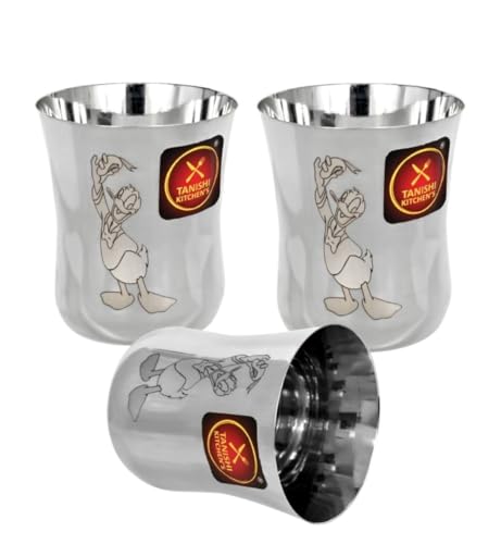 Image of TANISHI KITCHEN'S Stainless Steel Cartoon Glasses for Kids | Donald Duck | 3 Pcs (Small) Drinking Glass Set - 100 ml Each | Safe, Unbreakable Tumblers for Milk, Water & Juice