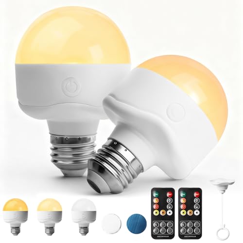 Behogan Lot de 2 ampoules LED rechargeables avec télécommande, E26, 3 couleurs, à intensité variable, avec socle magnétique, crochet et télécommande, fonction minuterie, 3000-6000 K