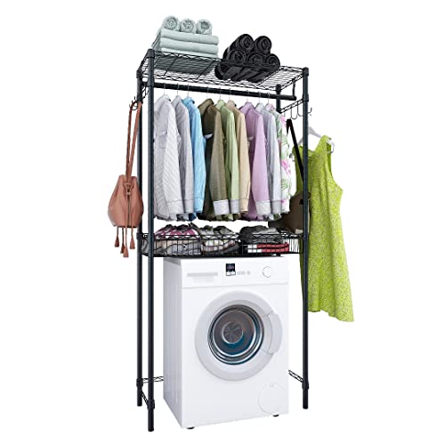 Xiofio Over The Washer And Dryer Storage Shelf 2 Tier Adjustable Height Wire Basket And Side Hook Laundry Shelves Used For Bathroom Bedroom Balcony Drying Rack Towel Rack Handbag Rack ，Black #TOP10