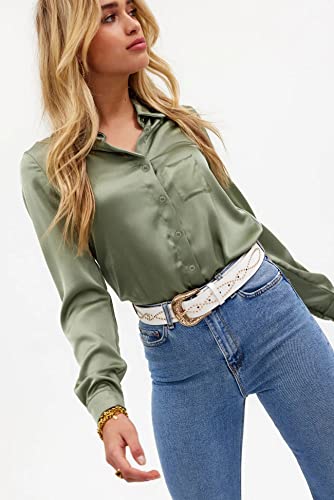 Pausus Satin Button Down Shirts for Women Long Sleeve Slim Fit Office Blouses Casual Business Silk Tops with Pocket S-XXL2