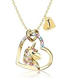 PYXC Valentines Day Gifts - Unicorn Necklace Gifts for Girls, Gold CZ Heart Unicorn Jewelry Initial Girls Birthday Colorful Heart Necklace Birthday present (J, Gold)