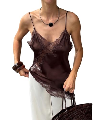 Women Lace Trim Satin Tank Top V Neck Silk Camisole