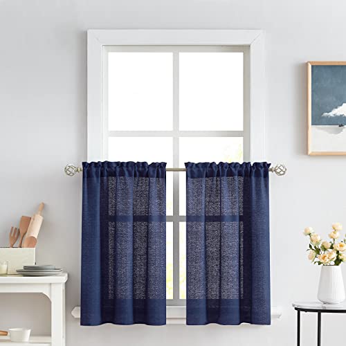 Melodieux - 2 cortinas semitransparentes azul marino de 91 cm para cocina, cafetería, dormitorio y ventanas pequeñas, textura de lino, cortas, con dobladillo para barra.