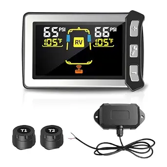 Masoll RV Tire Pressure Monitoring System, Gen 2 Tire Pressure Monitor with Color LCD Display, TPMS with 2 Sensors for Travel Trailer/5th Wheel/Camper, 0-87PSI with 120ft Transmission Distance