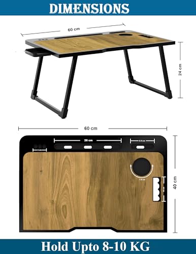 Image of Cubiker Engineered Wood Multipurpose Foldable Laptop Table with Cup Holder | Table Home Study Writing Table, Foldable and Portable /Ergonomic Edges (Wooden, 60[L] X 40[W] X 24[H] cm)