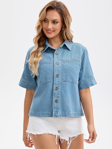 Women's Short Sleeve Denim Jacket Button Down Boxy Shirt Tops Casual Jean Jackets3
