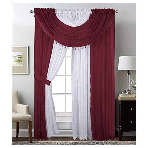 LinenTopia All in One Sheer Solid Curtain Panels Set with 4 Attached Panels 63" Inch Length and 2 Attached Valances, See Through Voile Panels, 2 Tone Multicolor, 63" Burgundy White