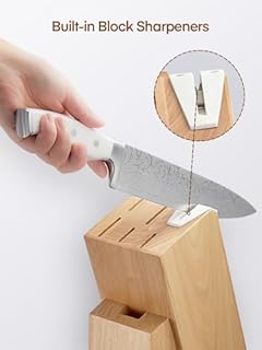 D.Perlla Set Coltelli da Cucina Professionale, Ceppo Coltelli in Acciaio 7 Pezzi, Ceppo Autoaffilante, Blocco Coltello in Legno, Bianco