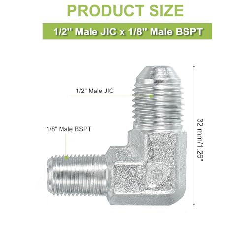 Image of PATIKIL 90 Degree Pipe Adapter, 1 /2 inch Male 37 Flare JIC x 1 /8 inch BSPT Male Connector Carbon Steel Elbow Fitting for Air Hydraulic Fluid Fuel Water Oil, Silver