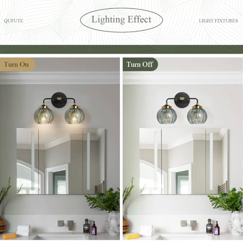 Image of 2 Light Bathroom Vanity Light Black and Gold Vanity Lights Vintage | Thick glass Bathroom Lights Fixtures Modern Wall Lamps Farmhouse Dining room Sconce art deco above mirror Lighting fixture