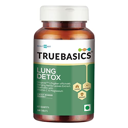 Image of TrueBasics Lung Detox Supplements, 100% Natural Herbal Blends, Vitamin C, K2 and Magnesium, Lungs Cleaner for Detoxification and Immune Defence, Clinically Researched Ingredients, 30 Veg Tablets