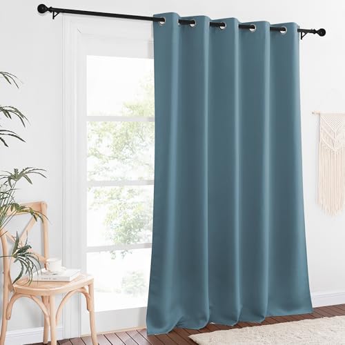 NICETOWN Patio Blackout Curtain Panels - Extra Wide Sliding Door Thermal Insulated Drape, Privacy Room Divider Curtain for Bedroom Office (Smoky Blue, 66 x 118 Inch Long)