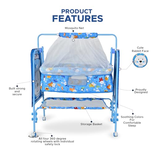 Image of Bubblebaby Premium Sturdy & Safe Baby Cradle Jhula /Palna /Bed /Ghodiyu /Baggi /Baby Bedding with Mosquito Net 360 Rotating Wheels & Lock Storage Mattress for 0-13 Months Boys Girls (Blue)1 Count