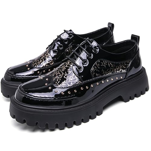Image of Men's Patent Leather Platform Dress Shoes Classic Round Toe Thick Lug Sole Lace Up Oxfords Comfort Block Heel Derby Business Casual Shoes