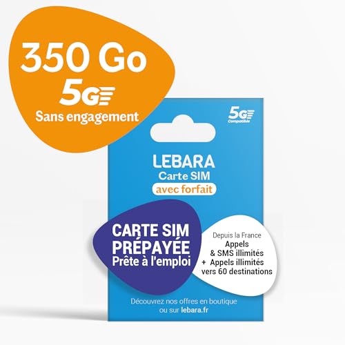 Lebara - Carte SIM Prépayée - 350 Go 5G sur Le Réseau SFR - Appels & SMS Illimités en France - 4h vers 60 Pays - sans Engagement - Valable 30 Jours