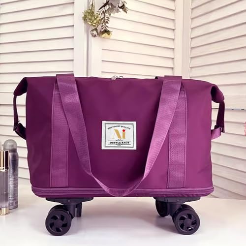 Image of Rolling Duffle Bag with Wheels, Expandable Foldable Travel Duffle Bag with Telescopic Handle, Portable Wheeled Luggage Bag for Travel, Lightweight Foldable Suitcase Bag for Men & Women (Maroon)