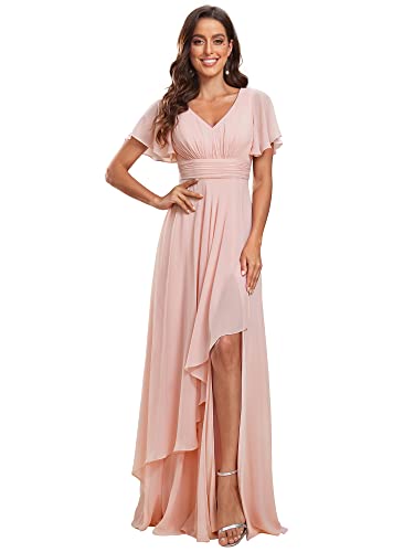 Ever-Pretty Robe Femme Mariage Invité Longue Manches Courtes Col V Fendue A Line Chic Rose Clair 50