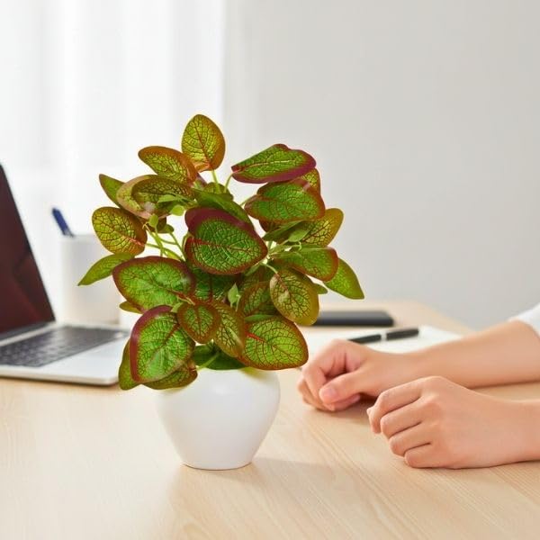 Image of fancymart Artificial Plant Leaves in Apple Pot (30 cm Height) | Small Potted Plant for Office Desk | Home Decor for Living Room | Cafe & Restaurant Table Decoration