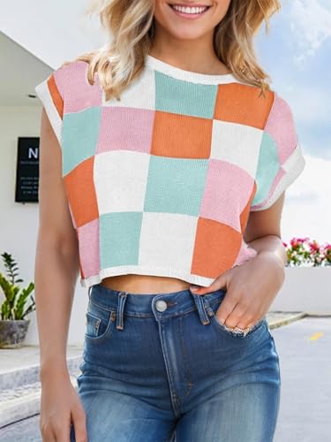 Womens Casual Tops 2025 Summer Crop Tanks Color Block Cap Sleeve Sweater Vest Going Out Loose Knit Trendy Fall Spring Top2