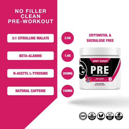 Image of Honey Badger Pre Workout Powder, Keto Vegan Preworkout for Men & Women, Beta Alanine & Caffeine, Sugar Free Natural Energy Supplement, Wild Berry, 30 Servings
