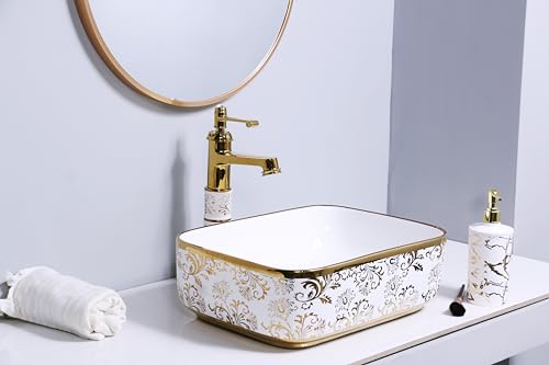 Image of LUXART Ceramic Vessel Sink, Countertop basin White with Gold Floral Art Pattern, 16 x 12 x 6 Inch Rectangular Shape Tabletop Wash Basin for Luxury Bathrooms