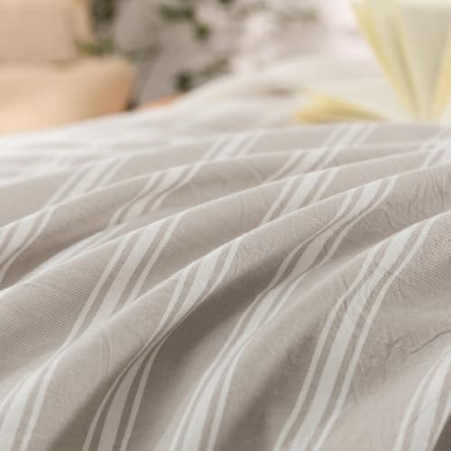 Image of BESTOUCH Striped Cotton Duvet Cover Set Linen Feel Super King | 100% Washed Cotton, Soft Wrinkle Texture, Hidden Zipper, 8 Ties, Breathable Lightweight Durable Comfy, 3 Pcs No Insert