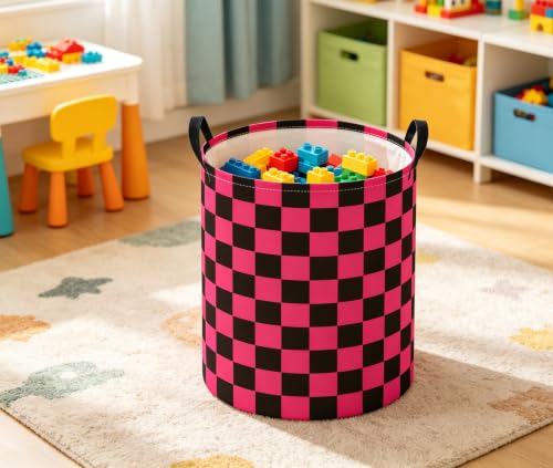 Image of Baby Laundry Hamper Basket Baby Hamper for Nursery Boy and Girl Cute Storage Bin Organizer Boho Room Decor(Pink Black Checkered)