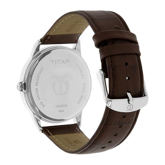 Image of Mens Watch Classic Analog Watch with White Dial, Leather Strap, Roman Numerals, Date Display