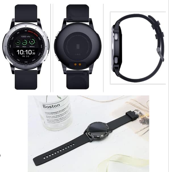 Berbilang views of the TECHPAD Smartwatch SW Sport Pro, showing the top, bottom with charging contacts, side profile, and a lifestyle shot on a table.