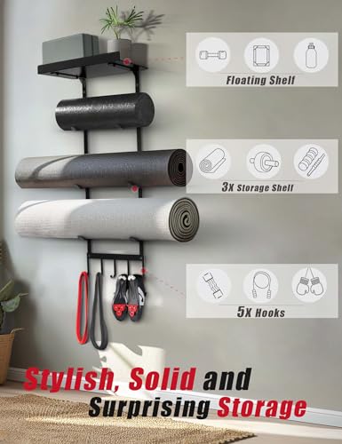 Image of Yoga Mat Holder Wall Mount, Home Gym Storage Rack with Top Floating Shelf, 4-Tiers Holding Yoga Mat / Blocks / Rollers and Decorations, 5 Hooks for Resistance Bands, Skipping-Rope, Small Gym Equipment