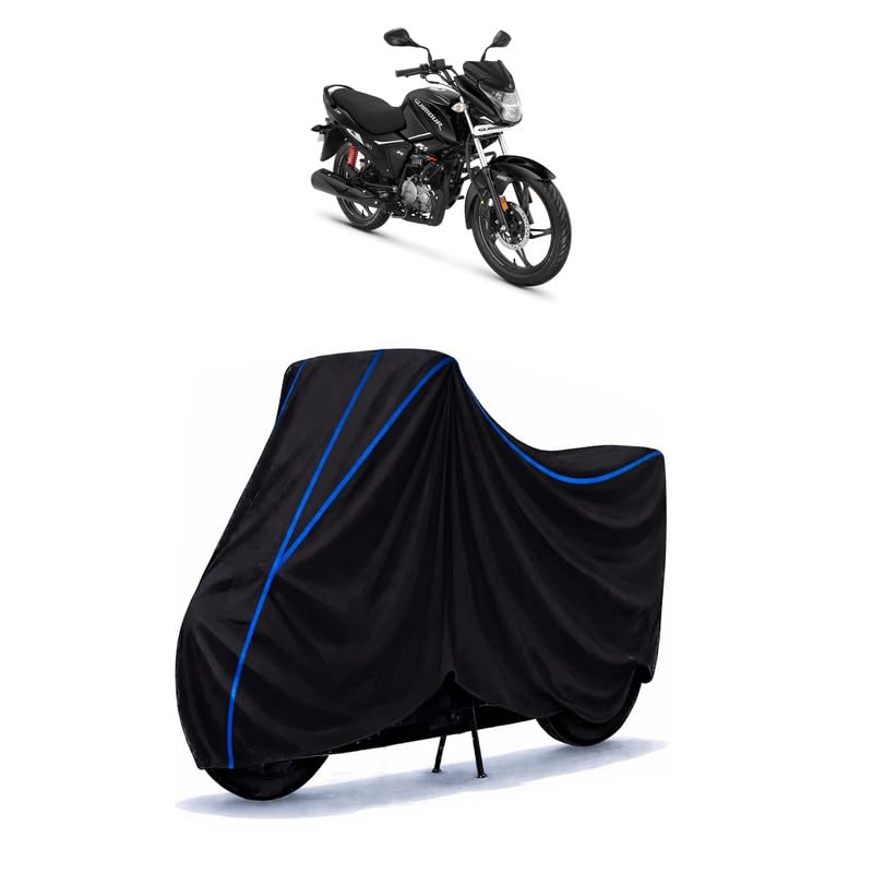 Image of Hero Glamour Xtec 125 Bs7 Bike Cover Water Resistant Universal Motorcycle Rain | Heavy Duty UV Protection, Dust, Scratch Indoor Outdoor All Weather with Black Blue Piping Elastic