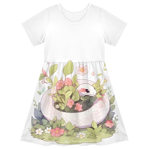 Girls' Short-Sleeve Dress Snake Animal Flower Summer A-Line Swing Cute Sundress 2-8T