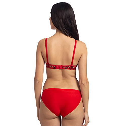 Image of Komli - Bridal Heavily Padded Push-Up Bra and Panty Set - Cotton Rich - Balconette - Seamless, Wireless, 3 /4th Coverage - Embroidered Multicolor Lace on Cups with Halter Straps
