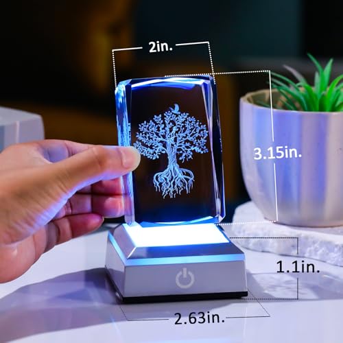 Image of Tree of Life Crystal Cube - 3D Laser Engraved Color Changing LED Light Base | Premium Home Desk Decor, Spiritual Gifts for Women Men, Night Light & Paperweight