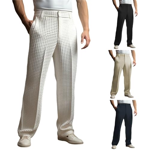 Mens Dress Pants Relaxed Fit Waffle Suit Trousers Casual Lightweight Wide Leg Pleat Front Business Work Clothes