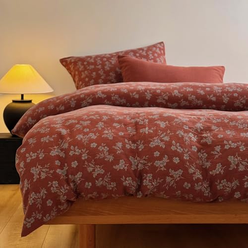 Image of VM VOUGEMARKET Linen Cotton Duvet Cover Set Queen Size,Rust Red Floral Print, Double Layer Gauze, Soft Breathable Bedding Set with Zipper Closure, 3 Pieces (1 Duvet Cover + 2 Pillow Shams)
