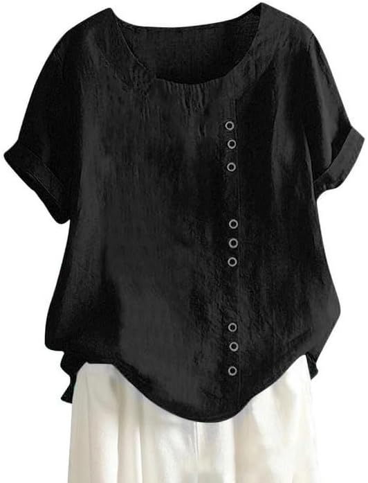 Cotton Linen Shirts for Women Short Sleeve Crewneck...