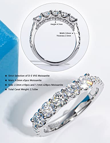 Cannycat 5 Stone Moissanite Half Eternity Ring 4.0Mm 2.1 Cttw Lab Created Diamond Wedding Band For Women Vvs D Color Moissanite Anniversary Engagement Eternity Bands Platinum Plated Silver Stacking Rings (5) #TOP1