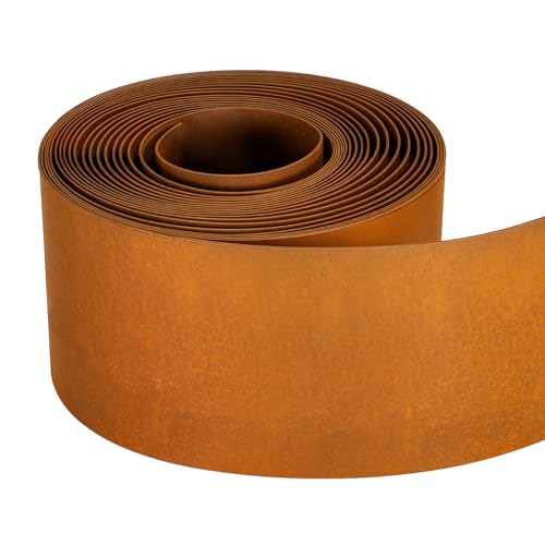 GROWNEER Rasenkante aus Cortenstahl 10 m - Beeteinfassung aus Metall 15 cm hoch - Einfache Montage - Beetumrandung mit Rost, 1 Paar Montagehandschuhe inklusive (10 m x 15 cm x 0.3 mm)