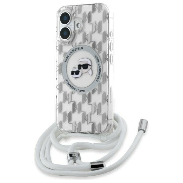 CG Mobile Karl Lagerfeld KLHMP16SHCKCKLCT Coque pour iPhone 16 6,1" Transparent Produit sous Licence IML Crossbody Monogramme Karl & Choupette Head Compatible avec MagSafe