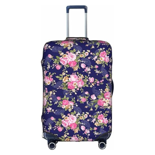 Navy Blue Base Floral Print Travel Elastic Suitcase Luggage Baggage Cover Protector, Washable And Anti-Scratch