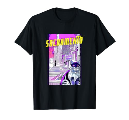 Sacramento Cat Retro Anime Cityscape California USA Funny T-Shirt