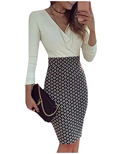 Vestidos femininos de manga comprida com gola em V e lapiseira da FiereWomen, Branco, XX-Large