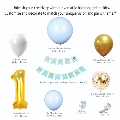 Image of Baby Boy 1st Happy Birthday Balloons Decoration Kit - 72 Pcs Blue, White, Golden Chrome Balloon with Happy Birthday Paper Banner | Birthday Party Decoration Set for Celebrations for Kids