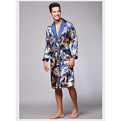 XinYiQu Roupão masculino de cetim de manga comprida com estampa de dragão, camisola de seda, quimono