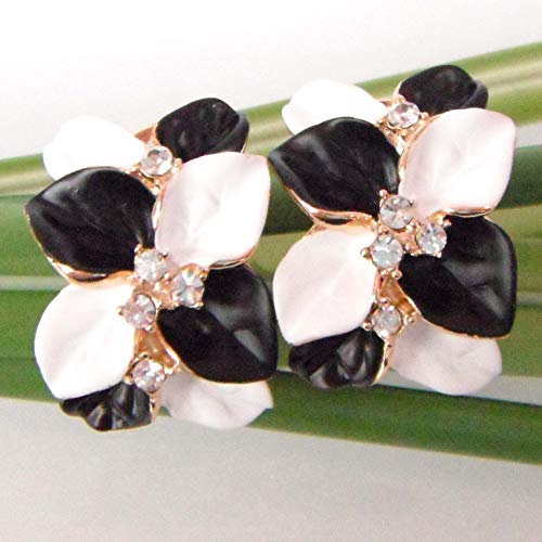 Navachi 18K Gold Plated White Crystal White Black Enamel Leaves Flower Az1141 Omega Back Earrings #TOP3